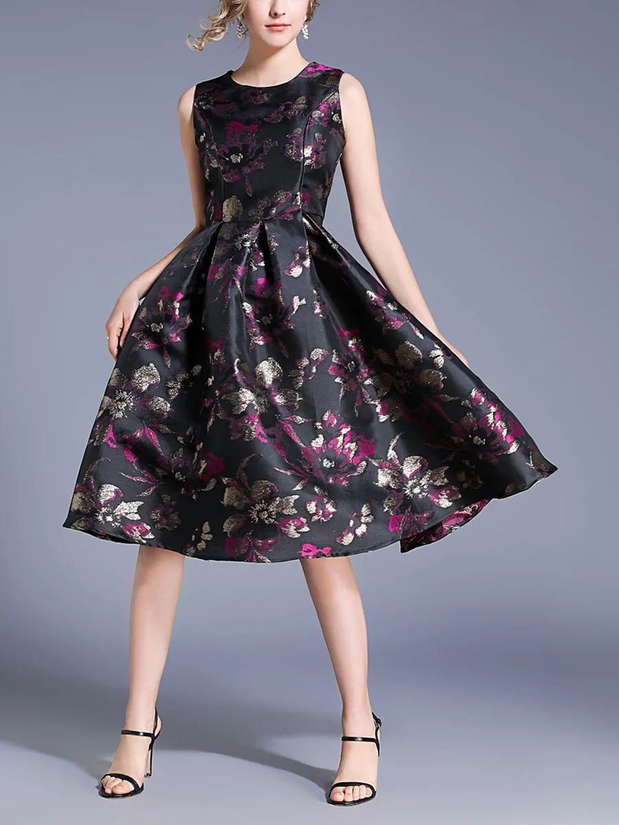 Black & Fuchsia Floral Fit & Flare Dress