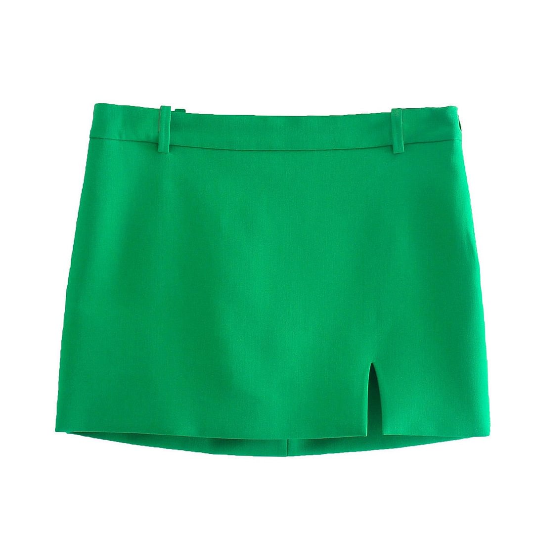 Willshela Women Fashion Green Mini Skirt with Front Slit High-waist Side Zipper Slit Hem Chic Lady Woman Casual Short skirts
