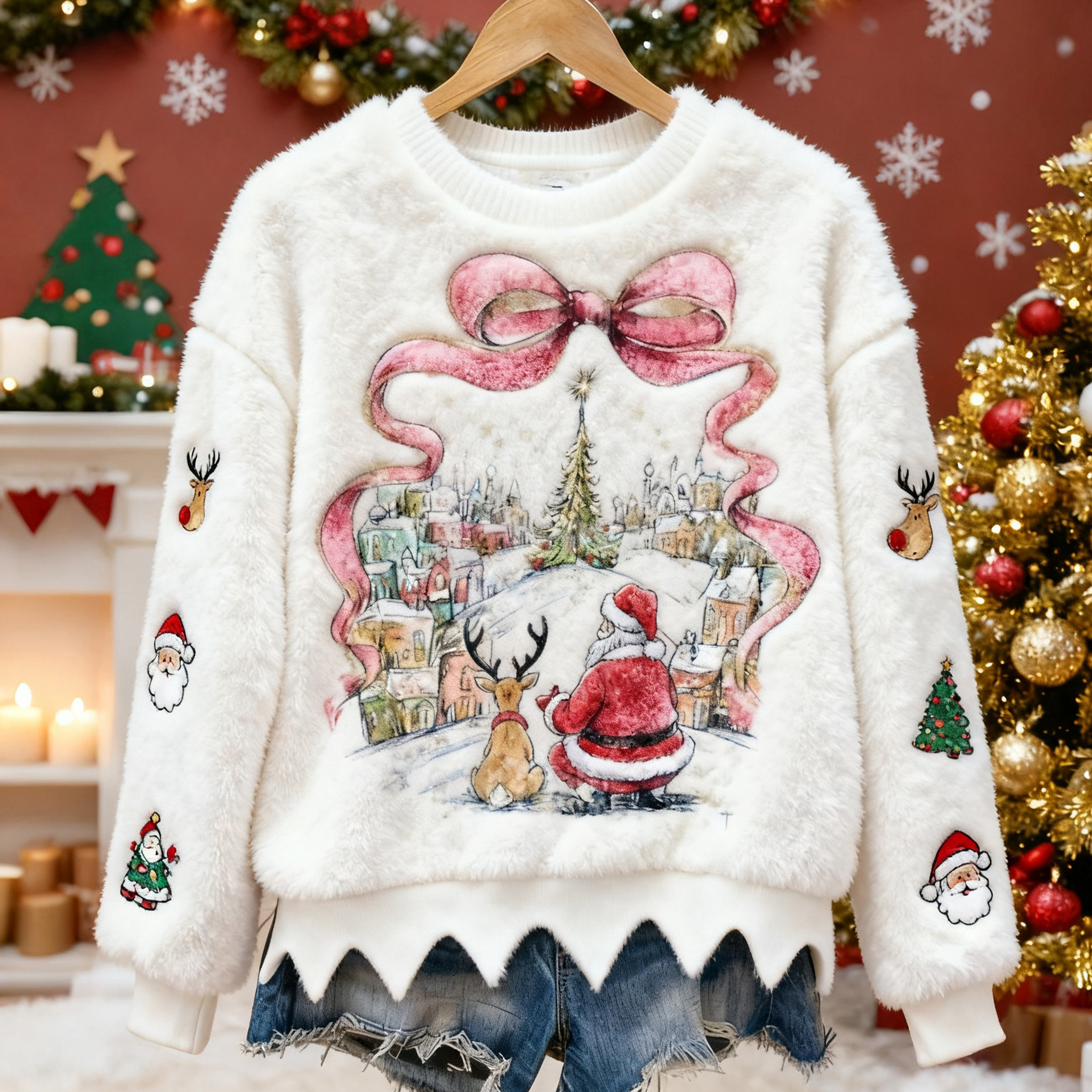Cute Reindeer And Santa Claus Bow Pattern Warm Crew Neck Sweater elevenforest