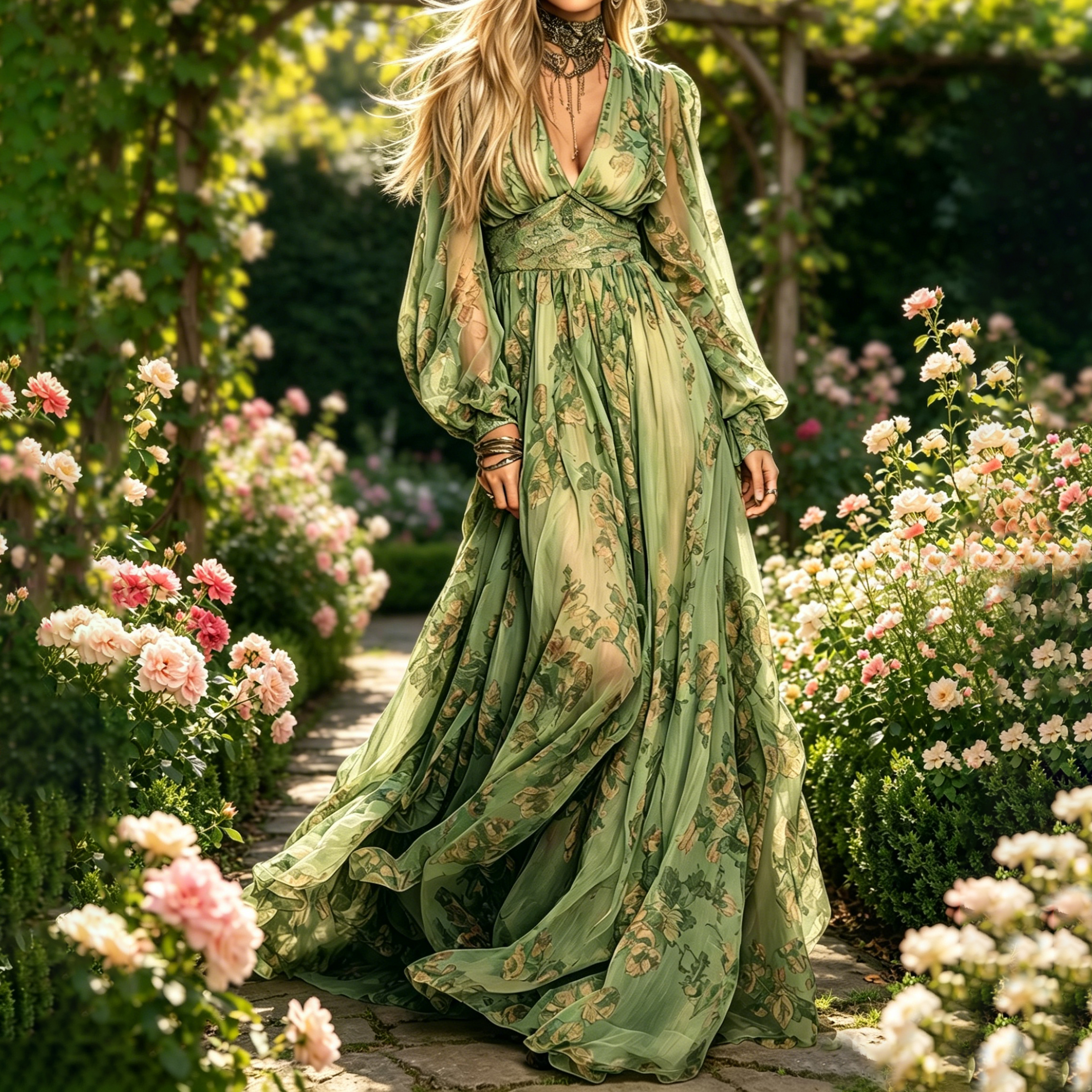 Retro Romantic Floral V-neck Long Sleeve Maxi Dress elevenforest