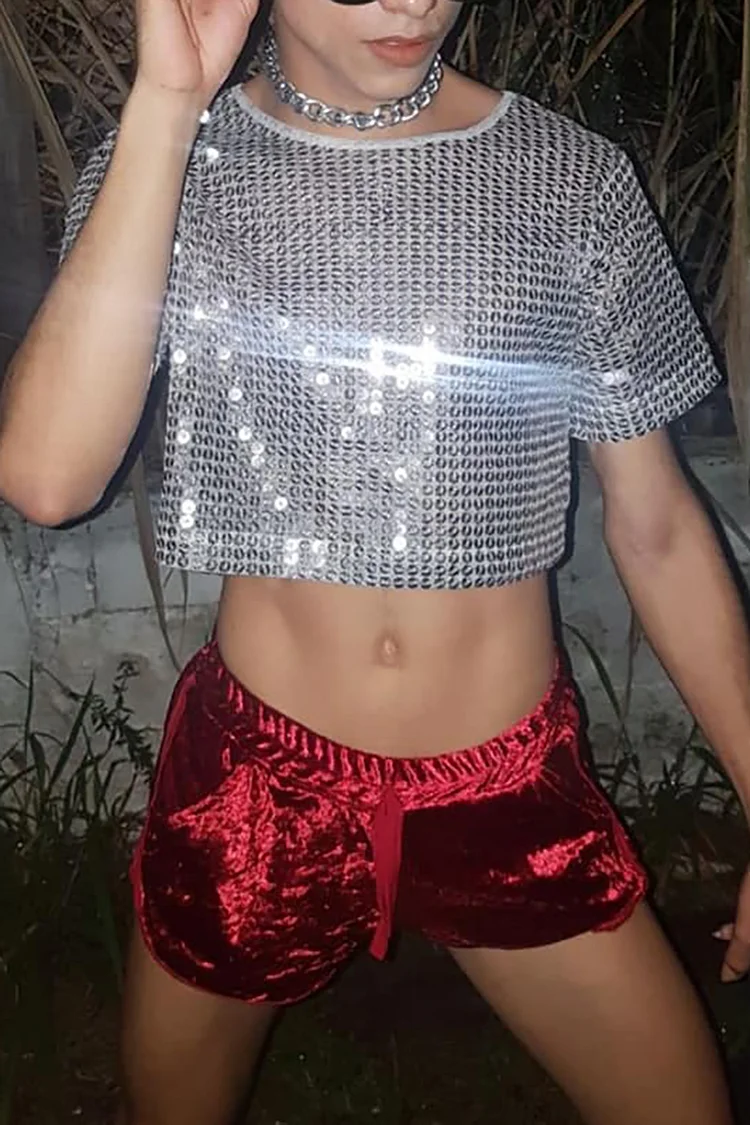 Metallic Sequin Crop T-Shirt Shorts Two Piece Set [Pre-Order]