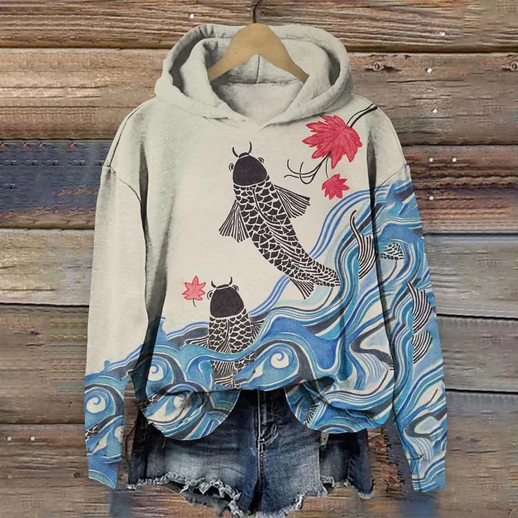saracool Women's Japanese Maple Leaf And Koi Print Casual Long Sleeve Hoodie