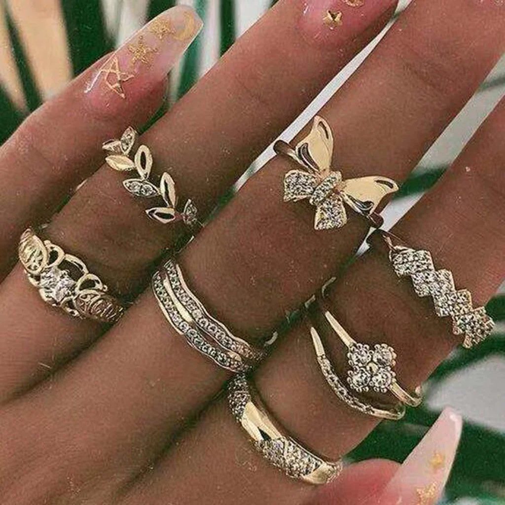 Women plus size clothing 7 Piece Set Bow Leaves Ring Wholesale Cheap Jewelry-Nordswear