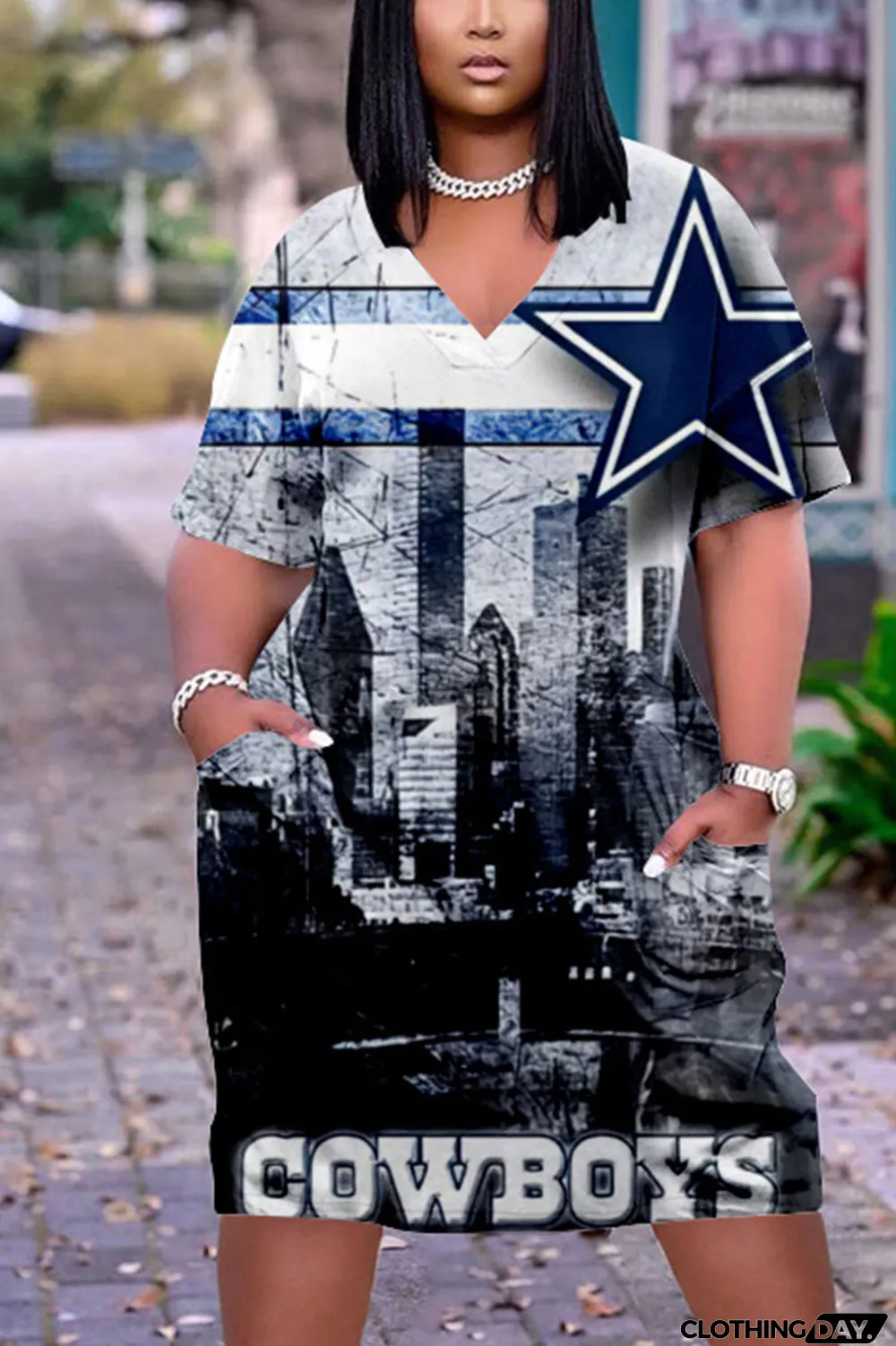 Blue White Casual Print Patchwork V Neck Straight Dresses