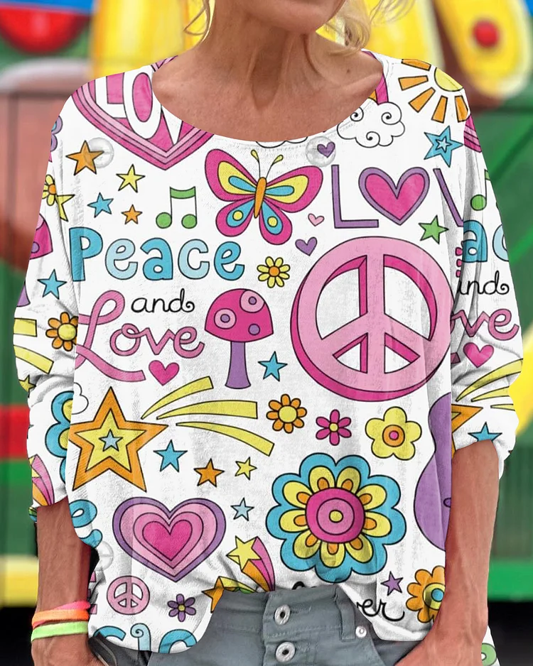 Peace And Love Print Loose Round Neck Women's Long Sleeve T-Shirt