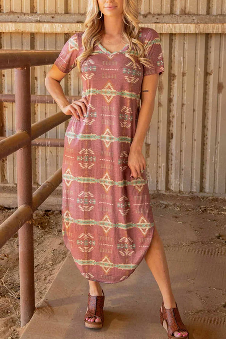 Western Printed Short Sleeve Slit Dress