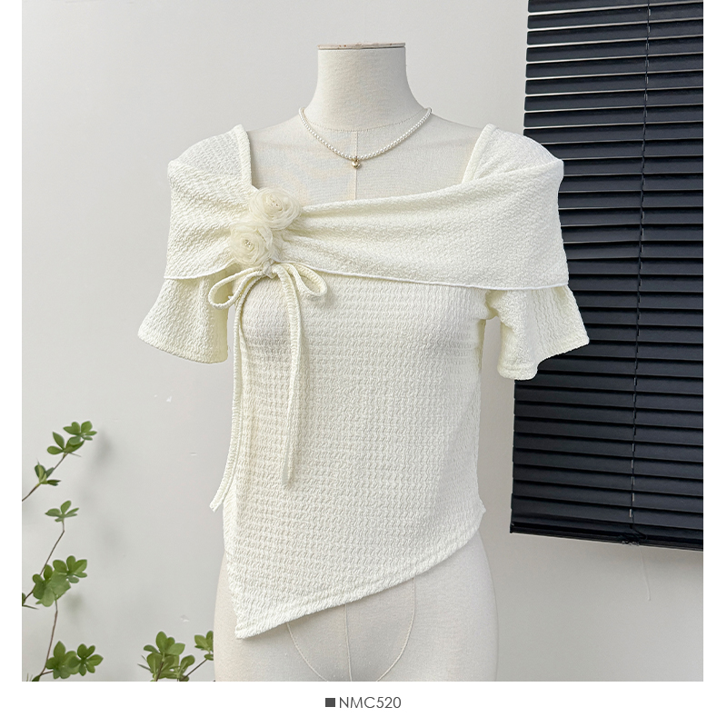 Thepearlpad costumes for women hot French T-shirts Women 2025 Summer New Solid Square Neckline Bow Three-dimensional Flower Tie Niche Irregular Streetwear Top