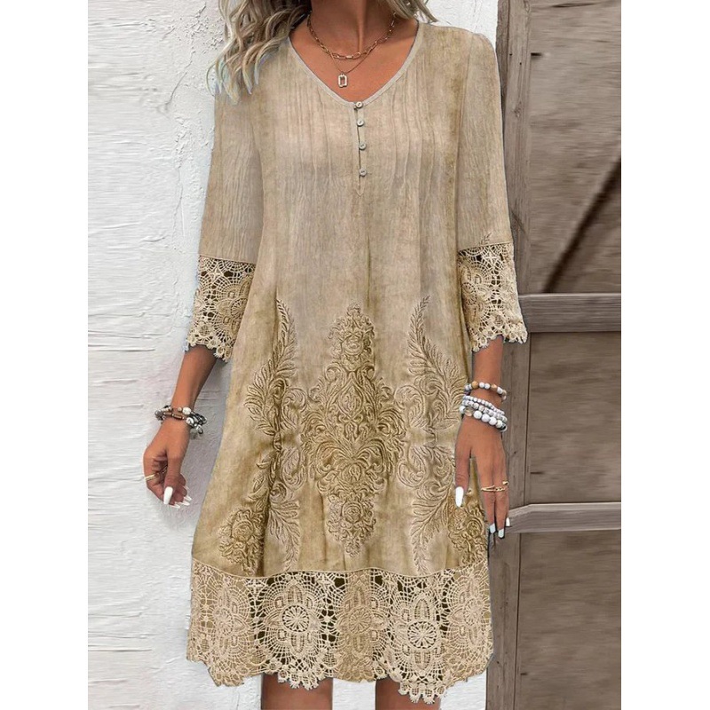 Karastik 2025 New Women's Spring Summer Solid Color Sexy Hollow Fashion Lace Lace Printed Casual Five Sleeve Knee Length Dress