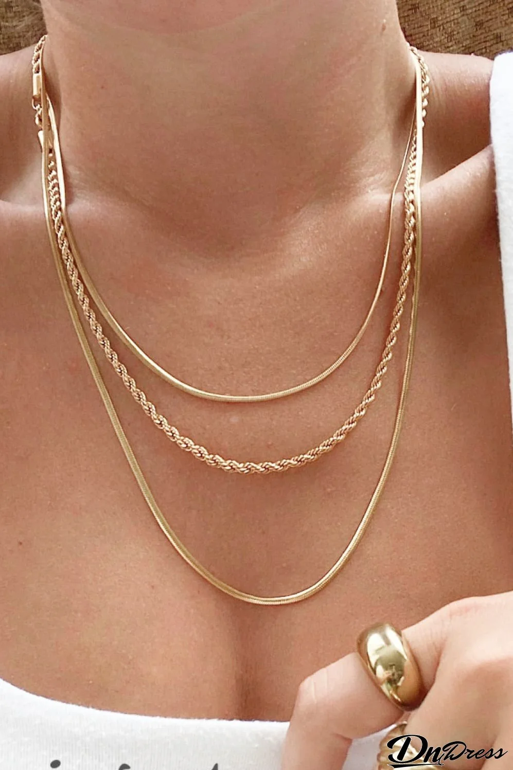 Stainless Steel 18K Gold Pleated Triple Layer Necklace