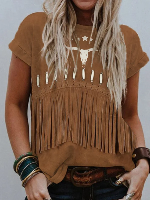 Vintage Western Fringe & Bull Skull Art T Shirt