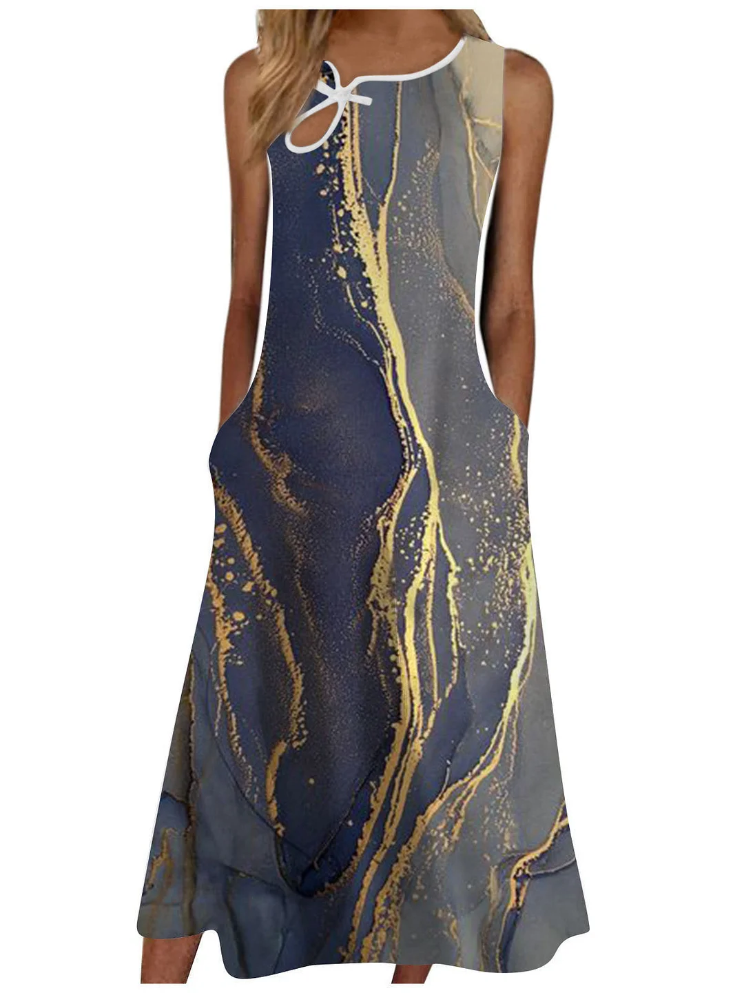 Women's Sleeveless Scoop Neck Gradient Printed Casual Pocket Dress