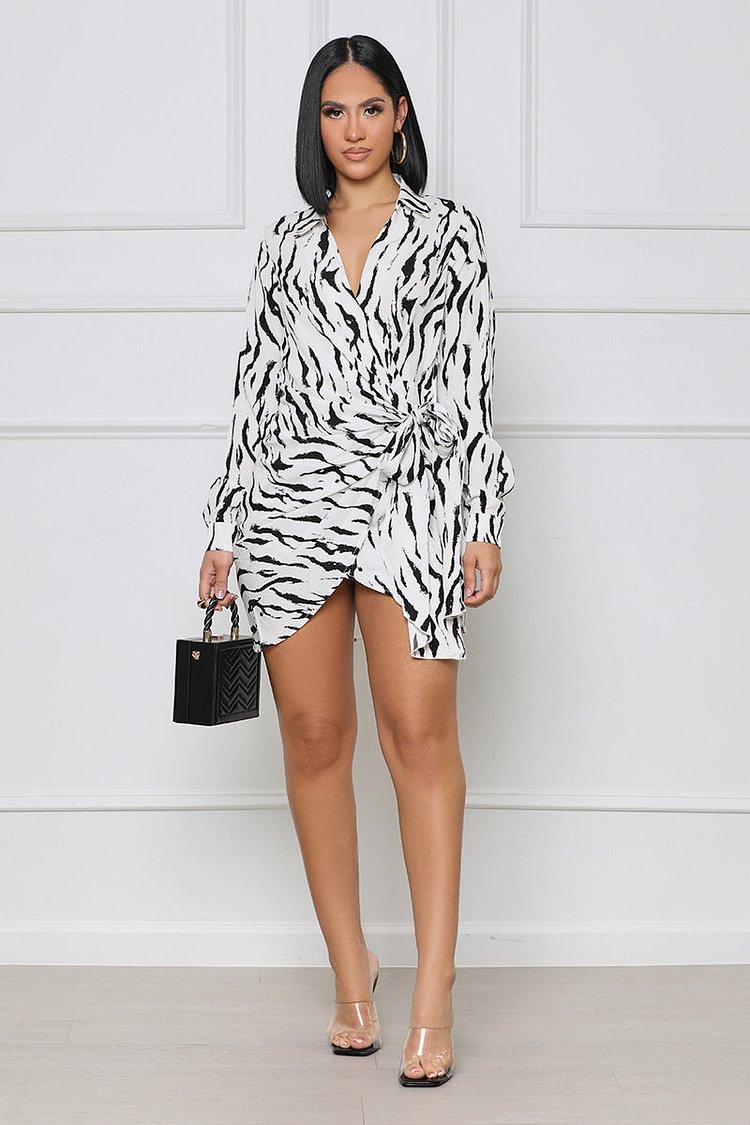 All Over Print V Neck Long Sleeve Knotted Mini Dresses