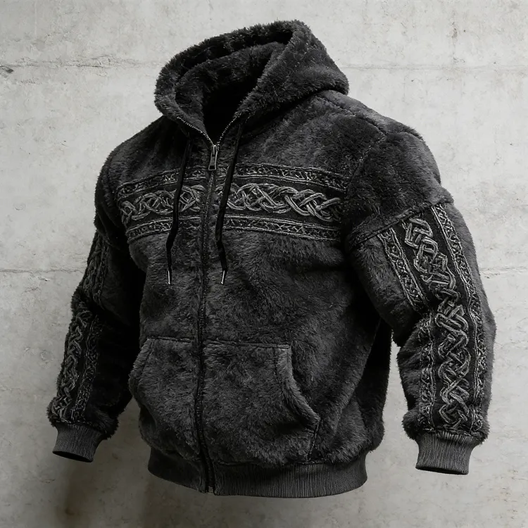 Men's Casual Viking Celtic Knot Art Cozy Flannel Zip-up  Hoodie