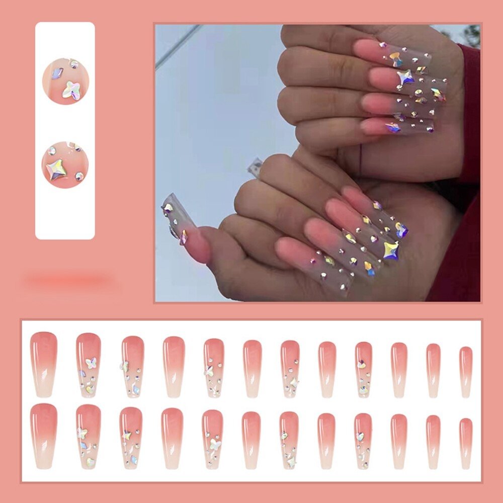 24pcs Long Coffin Fake Nails European Star Pink Gradient Ballerina Nail Art Full Tips with Glue Sticker Detachable False Nails