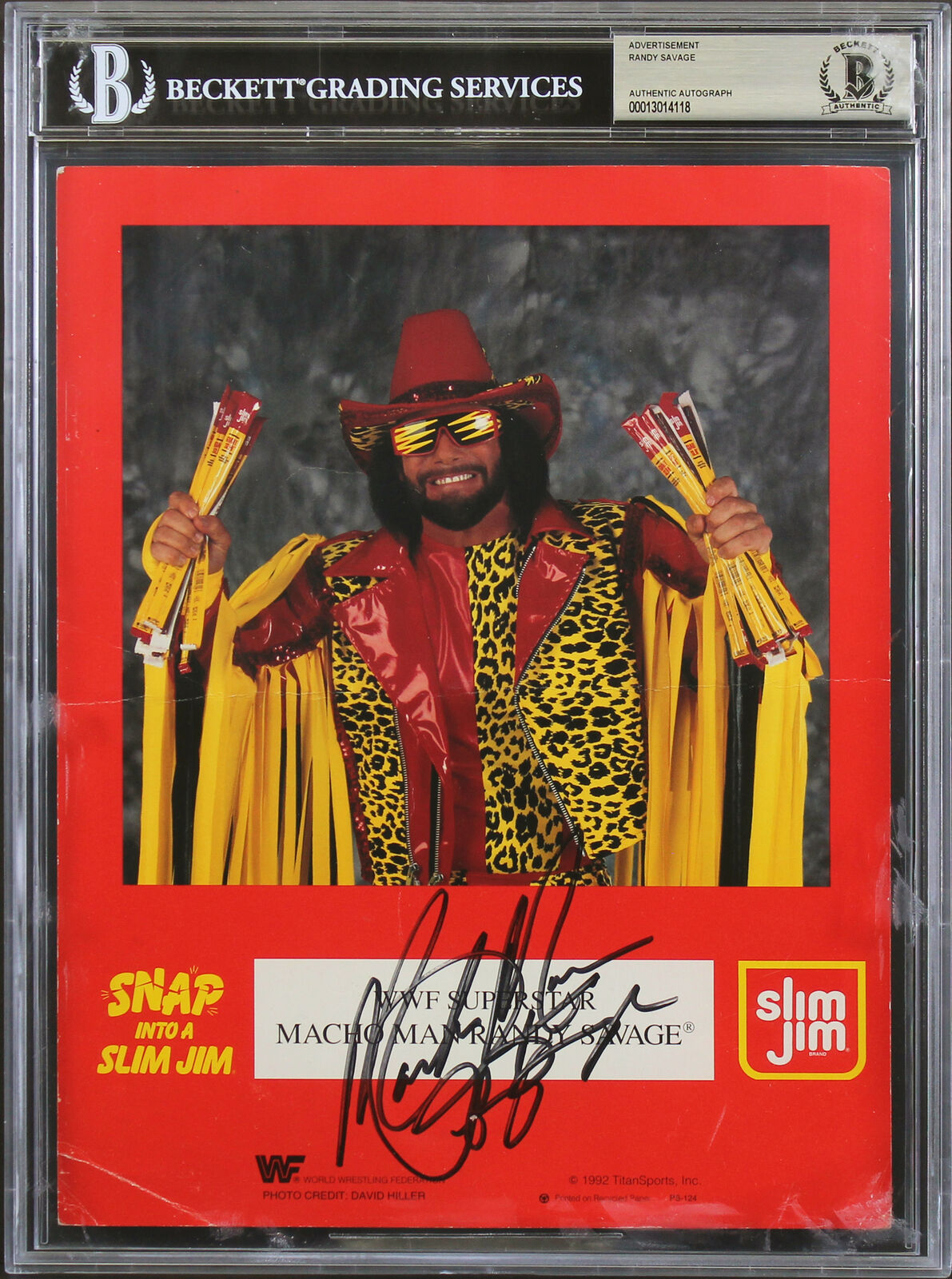 Macho Man Randy Savage Signed 8.5x11 Slim Jim Advertising Page Photo Poster painting BAS Slabbed