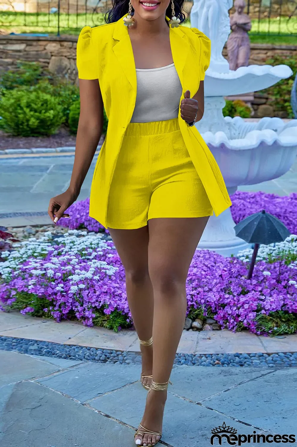 Yellow Casual Print Split Joint Turn-back Collar Short Sleeve Two Pieces