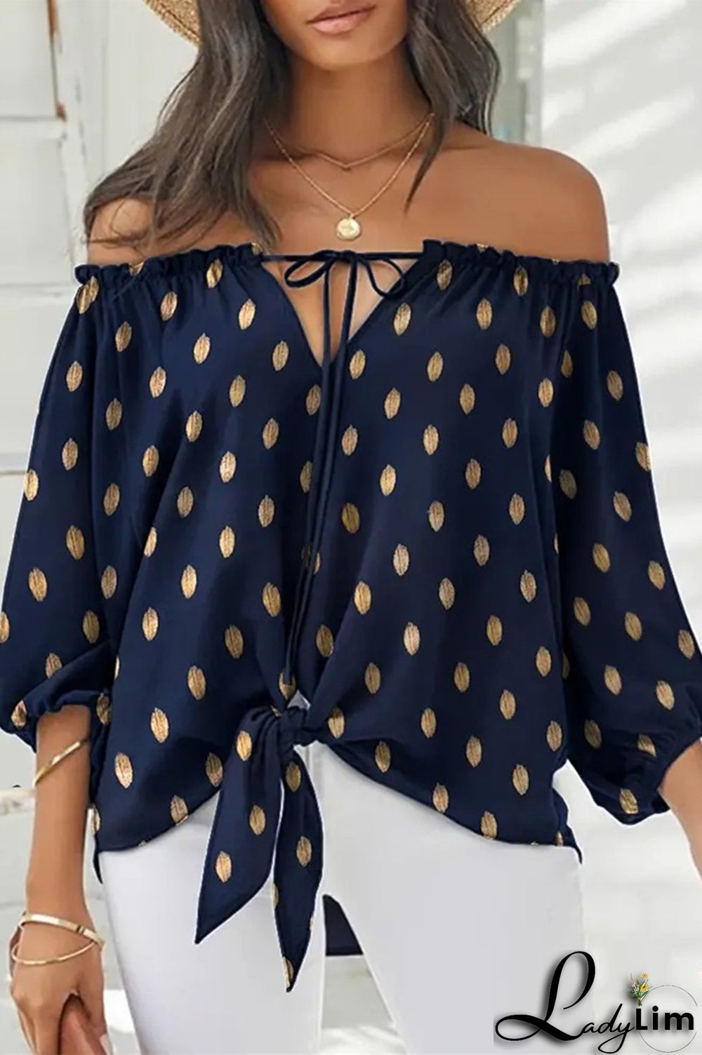 Tibetan Blue Fashion Casual Print Bandage Backless Off the Shoulder Tops
