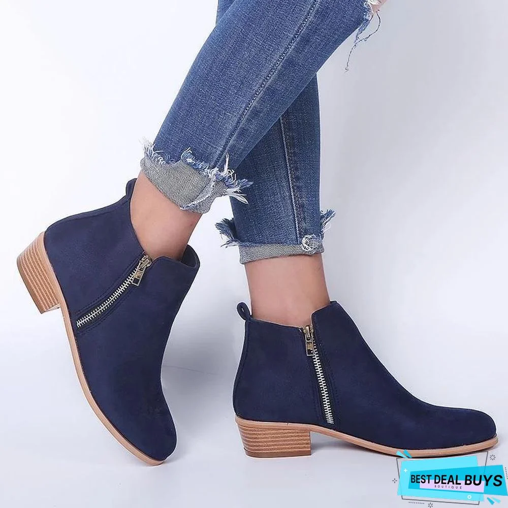 Women Side Zipper Round Toe Ankle Boots