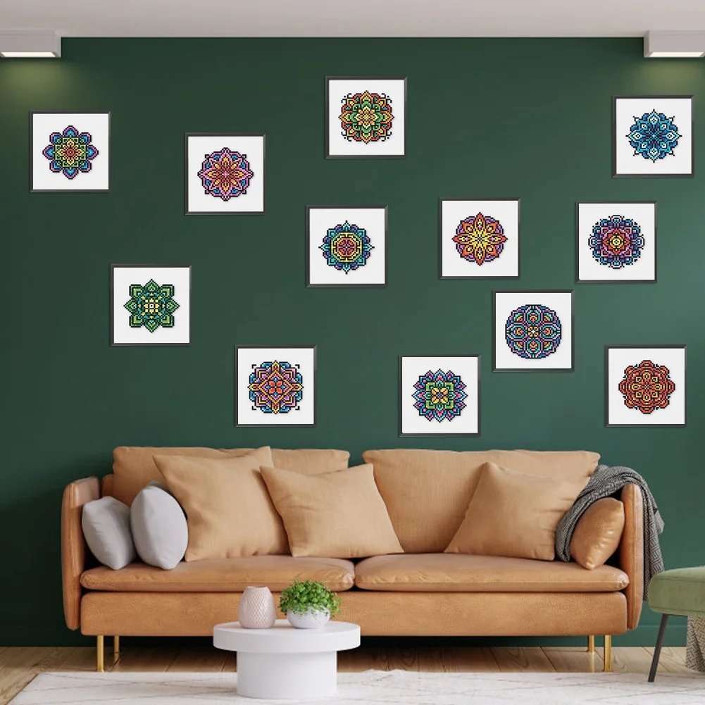 12pcs Mandala DIY Mini Square Diamond Painting for Desktop Decor No Frame(16*16cm)