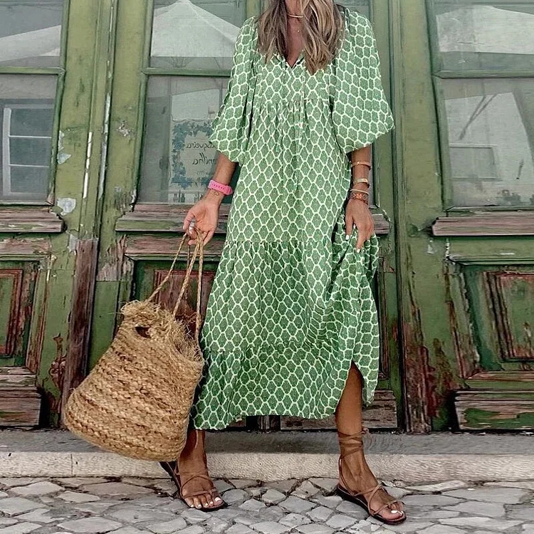 Boho V-Neck Elegant Puff Half Sleeve Floral Print Maxi Dress
