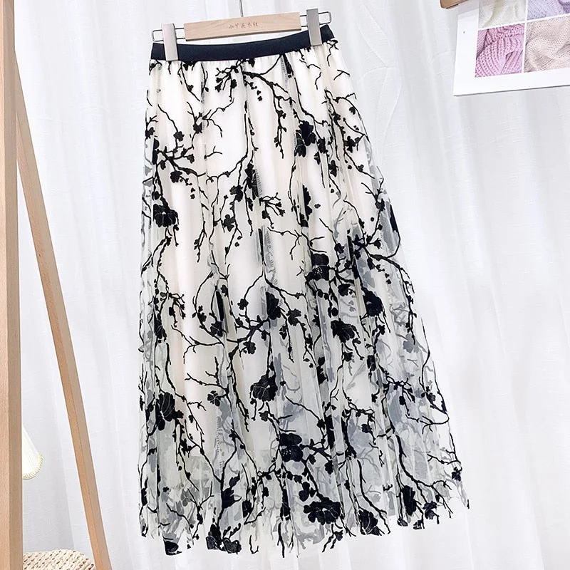 Croysier Woman Skirts Vintage Floral Flocking Tulle Skirt Summer Skirts Womens 2021 Elastic High Waist A Line Mesh Midi Skirt