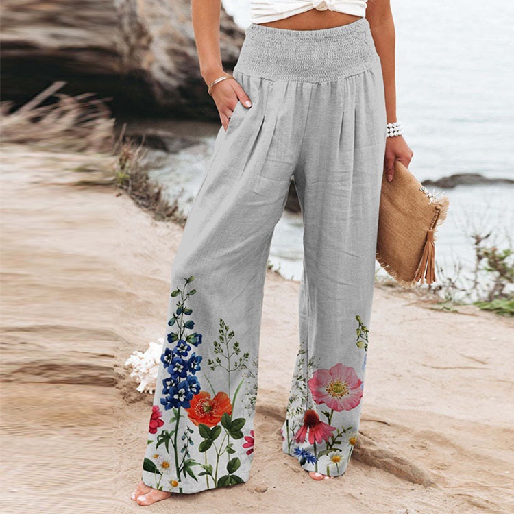 Women Fashion Print Street Casual Stretch High Waist Loose Wide Leg Pants