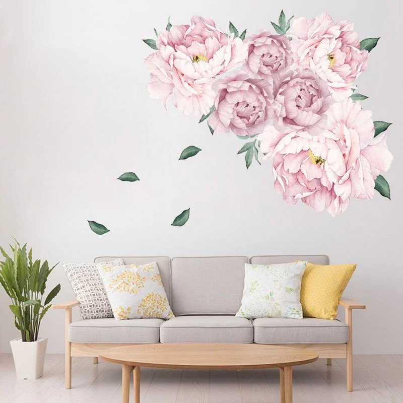 Sweet Pink Peony Flowers Wall Stickers for Kids Room Living Room Bedroom Furniture Sticker Home Decoration Wall Decal Home Decor