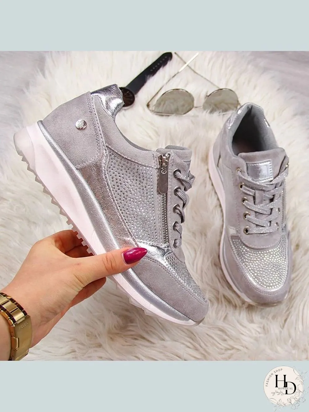 Diamond Panel Zip Lace-Up Casual Shock Absorbing Sneakers
