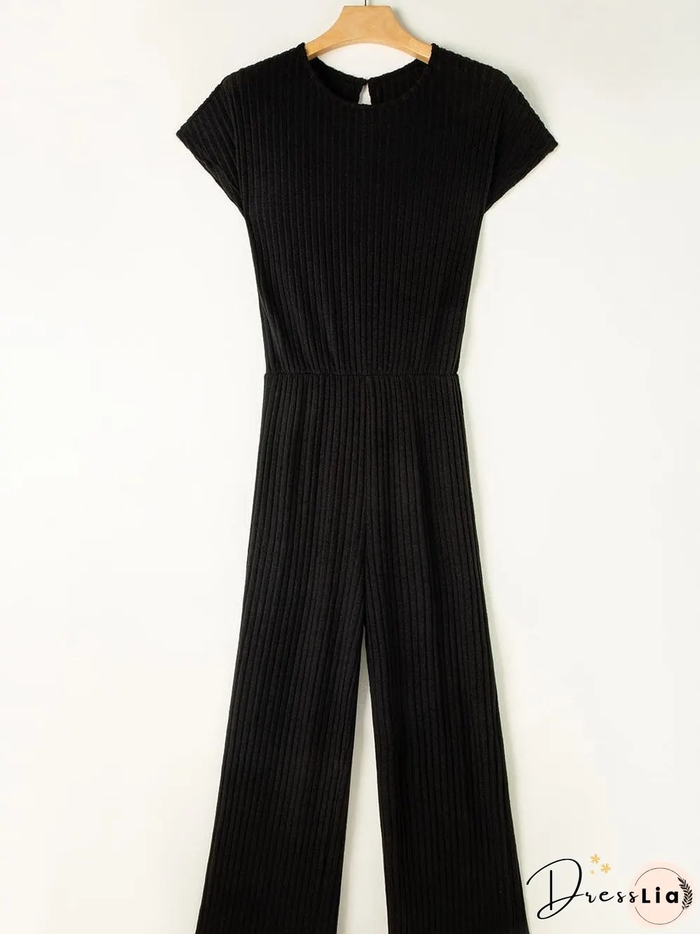 Chic Black Ribbed Wide Leg Jumpsuit with Short Sleeves