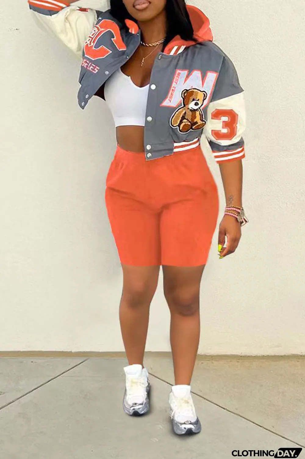 Purple Sexy Print Patchwork Hooded Collar Outerwear