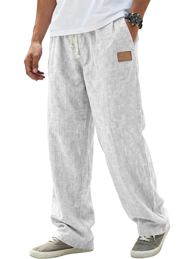 Men's Breathable Linen Pants Resort Casual Loose-Fit Trousers with Embroidered Leather Patch