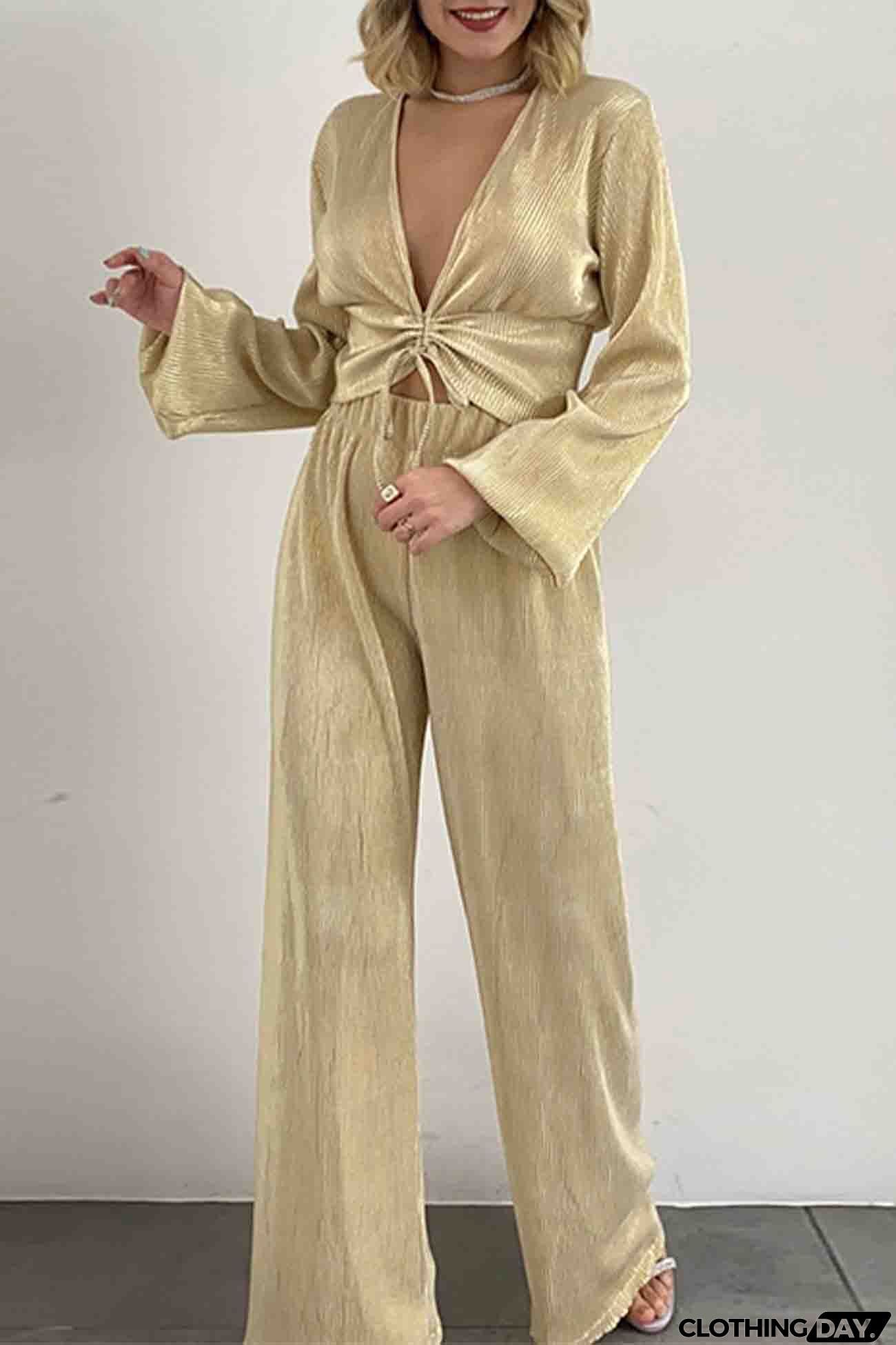 V Neck Shirring Puff Sleeve Wide Leg Pants Set