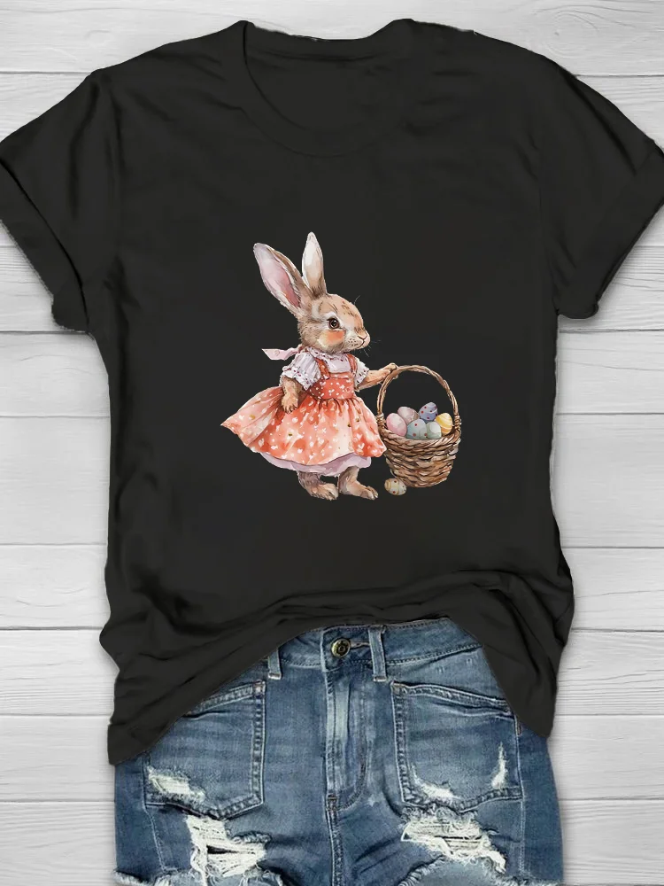 Cute Cartoon Bunny Printed Crew Neck Women's T-shirt