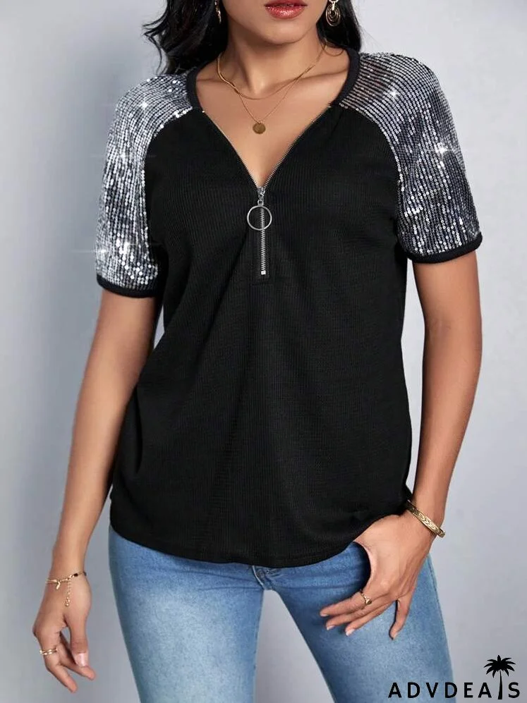 Contrast Sequin Raglan Sleeve Half Zip Tee