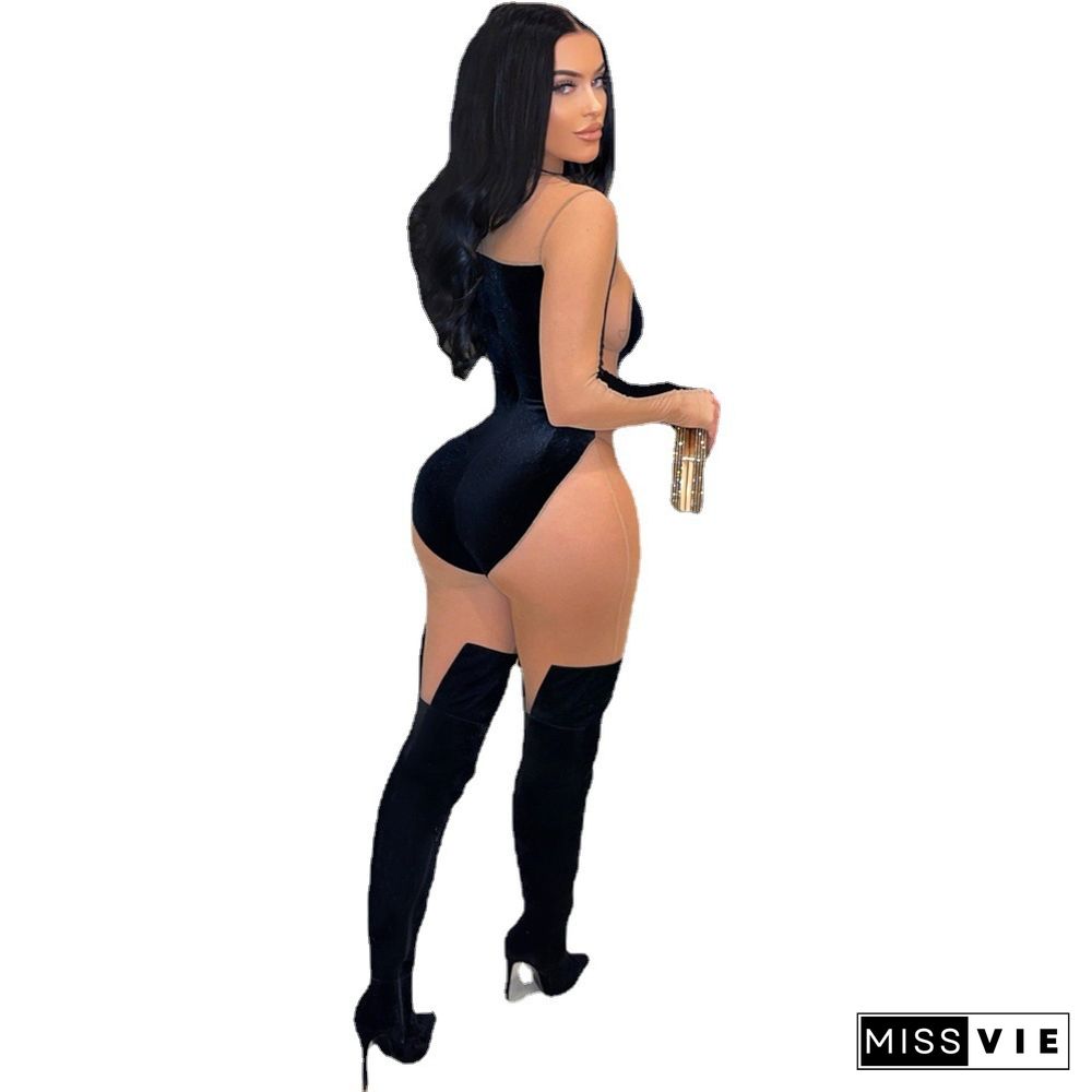 Sheer Mesh Patchwork Velvet Skinny Jumpsuit