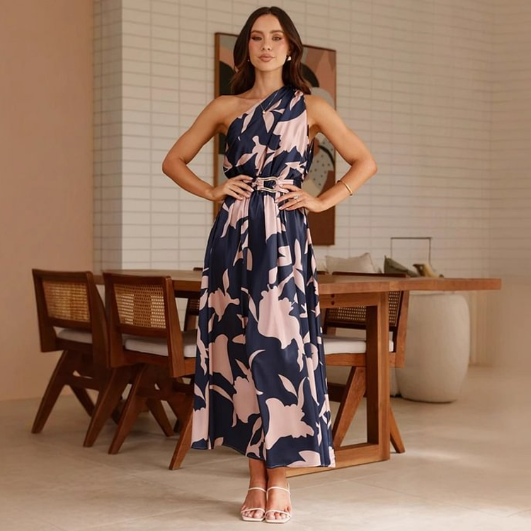 Oblique Shoulder Printed Dress