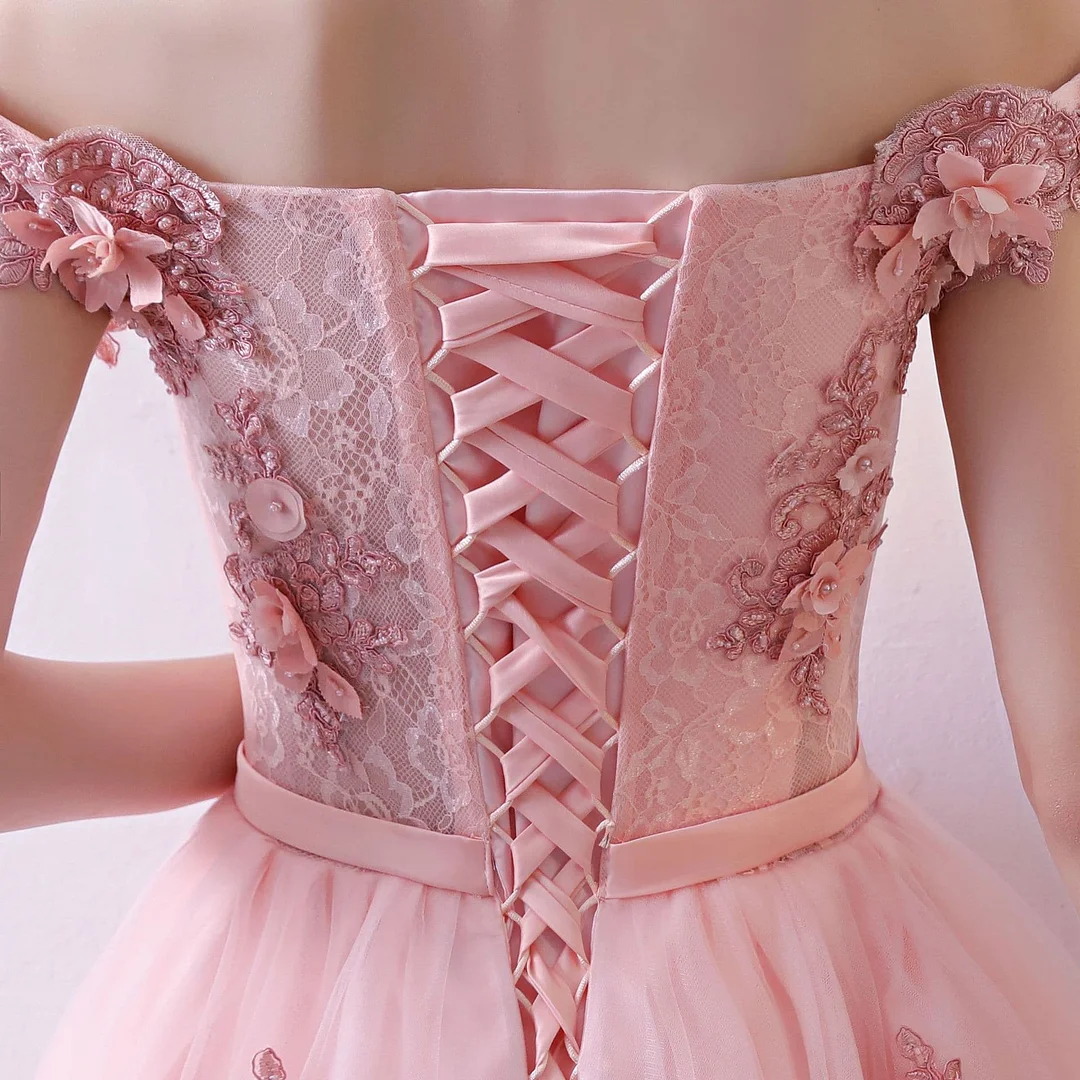 Pink Tulle Lace Long Prom Dress, Lace Evening Dress