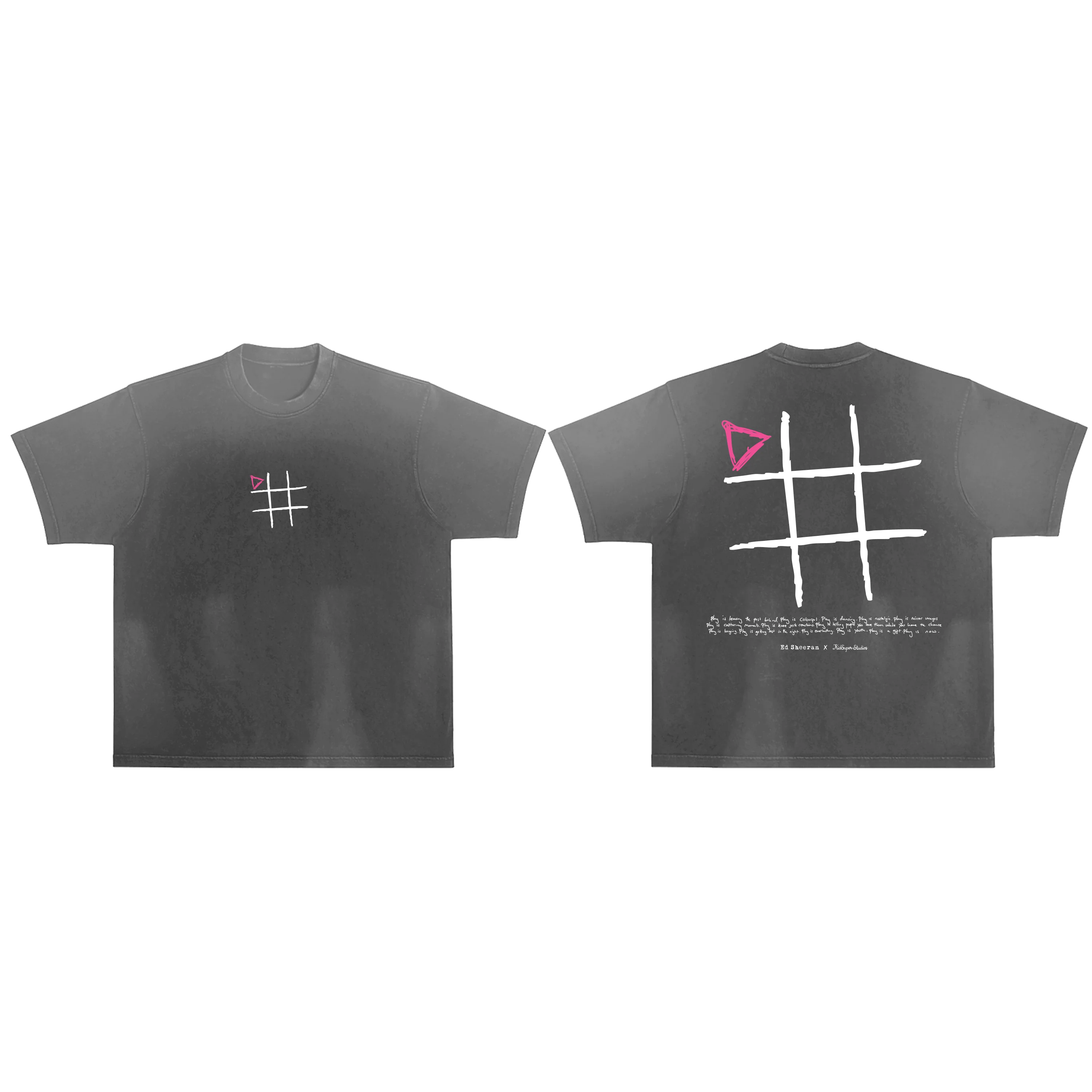 "ed sheeran black graphic t shirt with play symbol front and back"