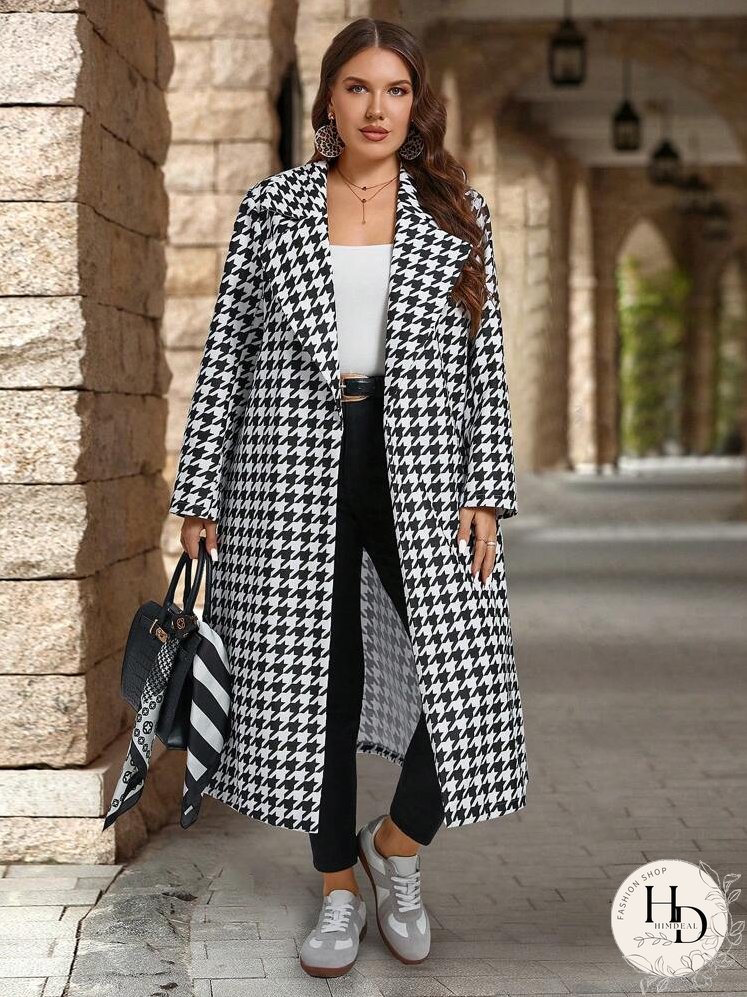 Plus Size Women Lapel Neck Plaid Wool Blend Jacket, Casual Daily Wear