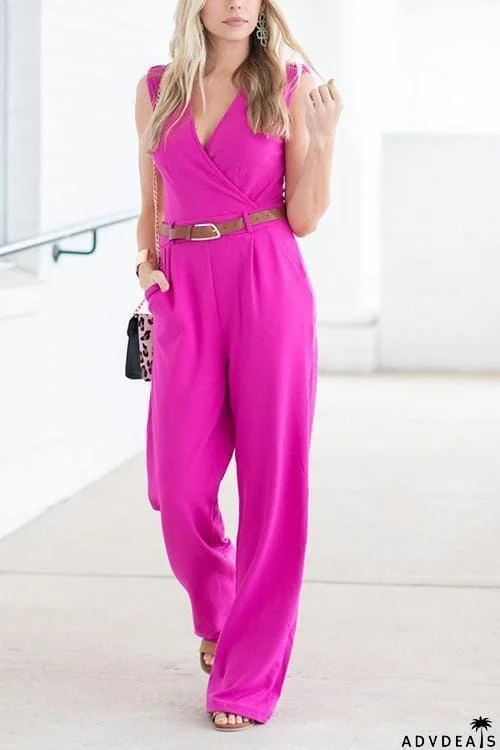 V Neck Pockets Sleeveless Jumpsuit