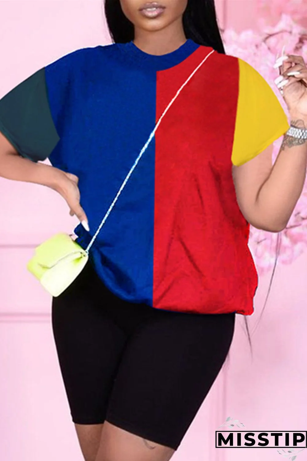 Red Fashion Casual Patchwork Basic O Neck Tops