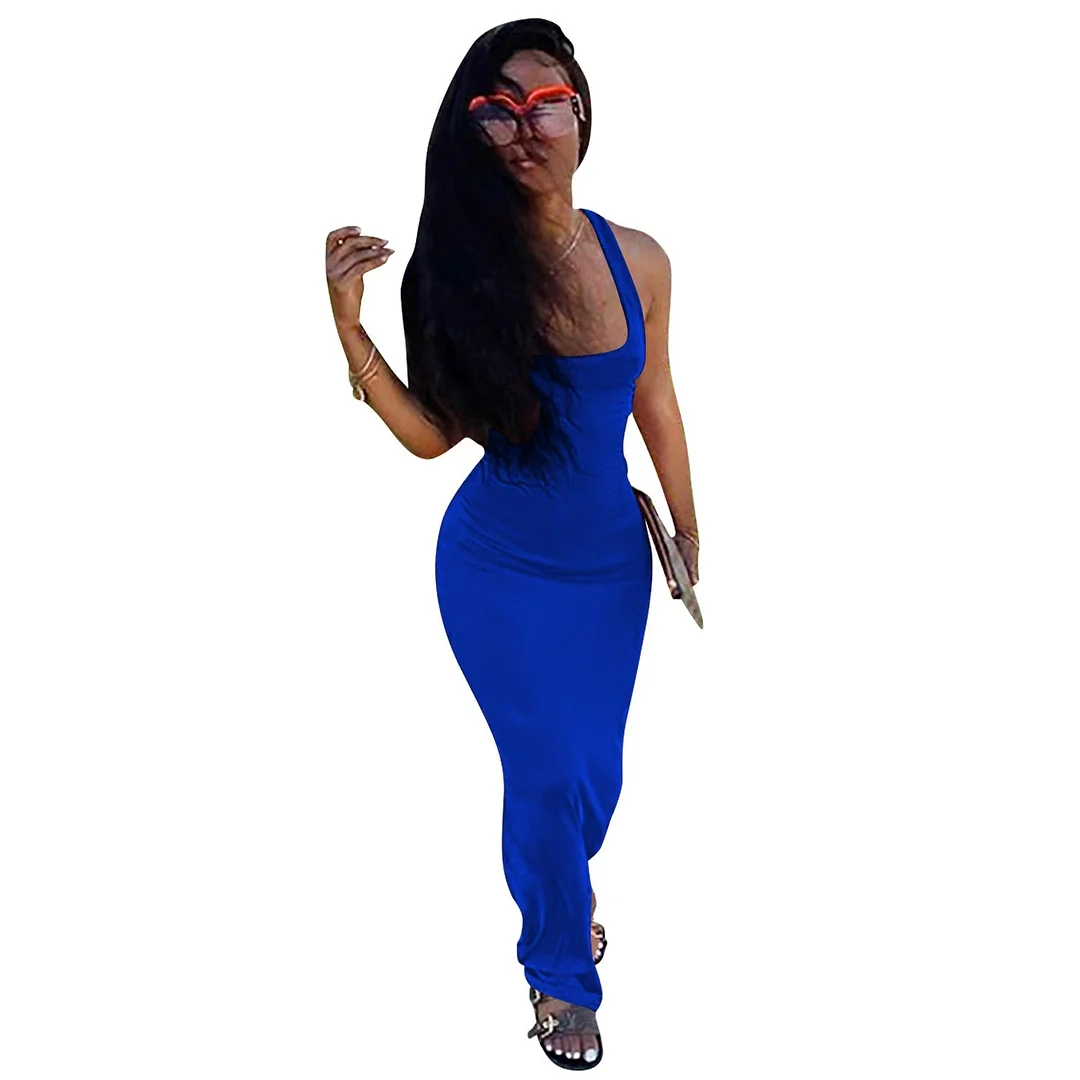 CM.YAYA Women Streetwear Casual Tank O-neck Lace Up Open Back Slim Maxi Dress Fashion Sleeveless Solid Long Dresses Vestidos