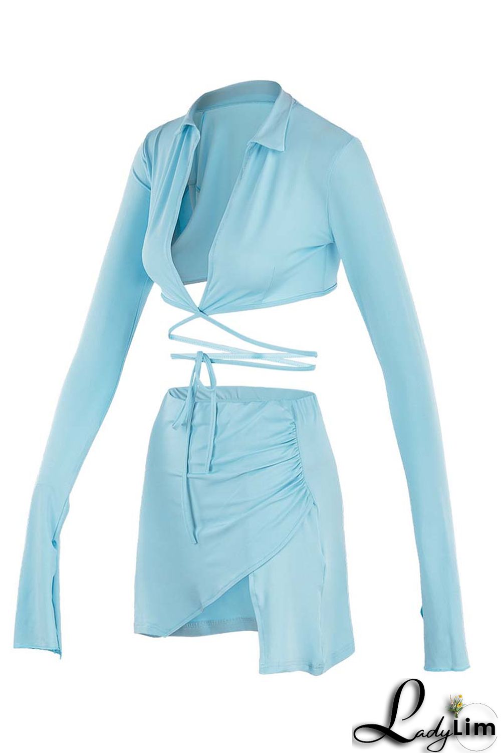 Yellow Fashion Sexy Solid Bandage Slit V Neck Long Sleeve Two Pieces