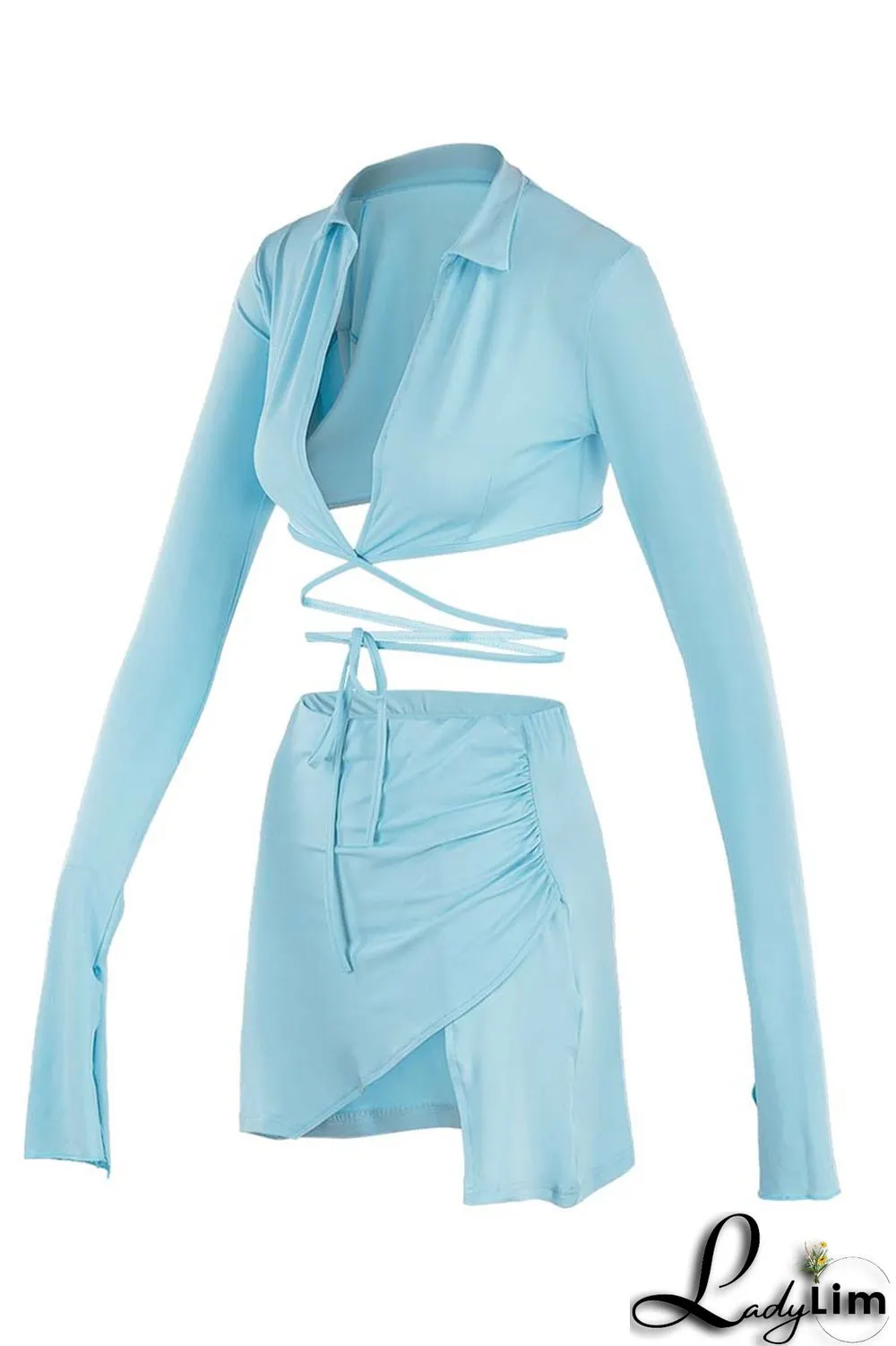 Yellow Fashion Sexy Solid Bandage Slit V Neck Long Sleeve Two Pieces