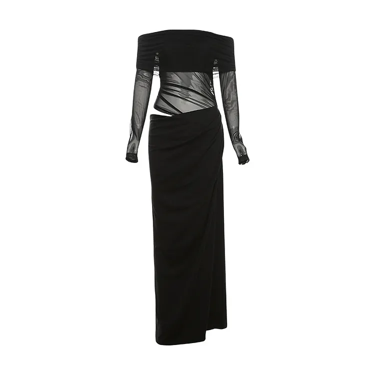 Off-Shoulder Cowl Waist Mesh Maxi Dress | Elegant Flowing Evening Gown