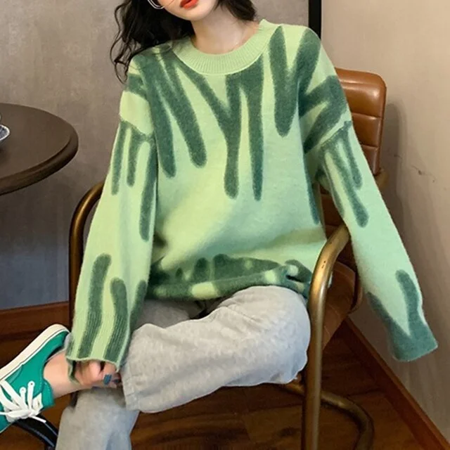 Uforever21 Oversized Pullovers Women Sweater Elegant Green Striped Print Winter Long Sweaters Streetwear Ladies Jumper Warm Outerwear 2023
