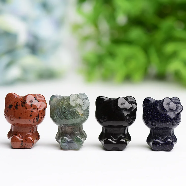 1.2" Hello Kitty Mini Crystal Carving Cartoon   Mahogany Moss Agate Black Obsidian Blue Sandstone