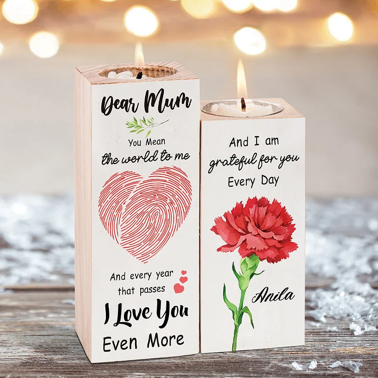 Dear Mom/Mum Personalized Name Flower Wooden Candlestick-I Love You-Heart Candle Holder Gifts for Mother