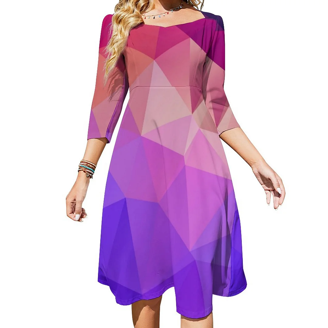 Elegant Modern Purple Violet Geometric Polygons Dress Sweetheart Tie Back Flared 3/4 Sleeve Midi Dresses