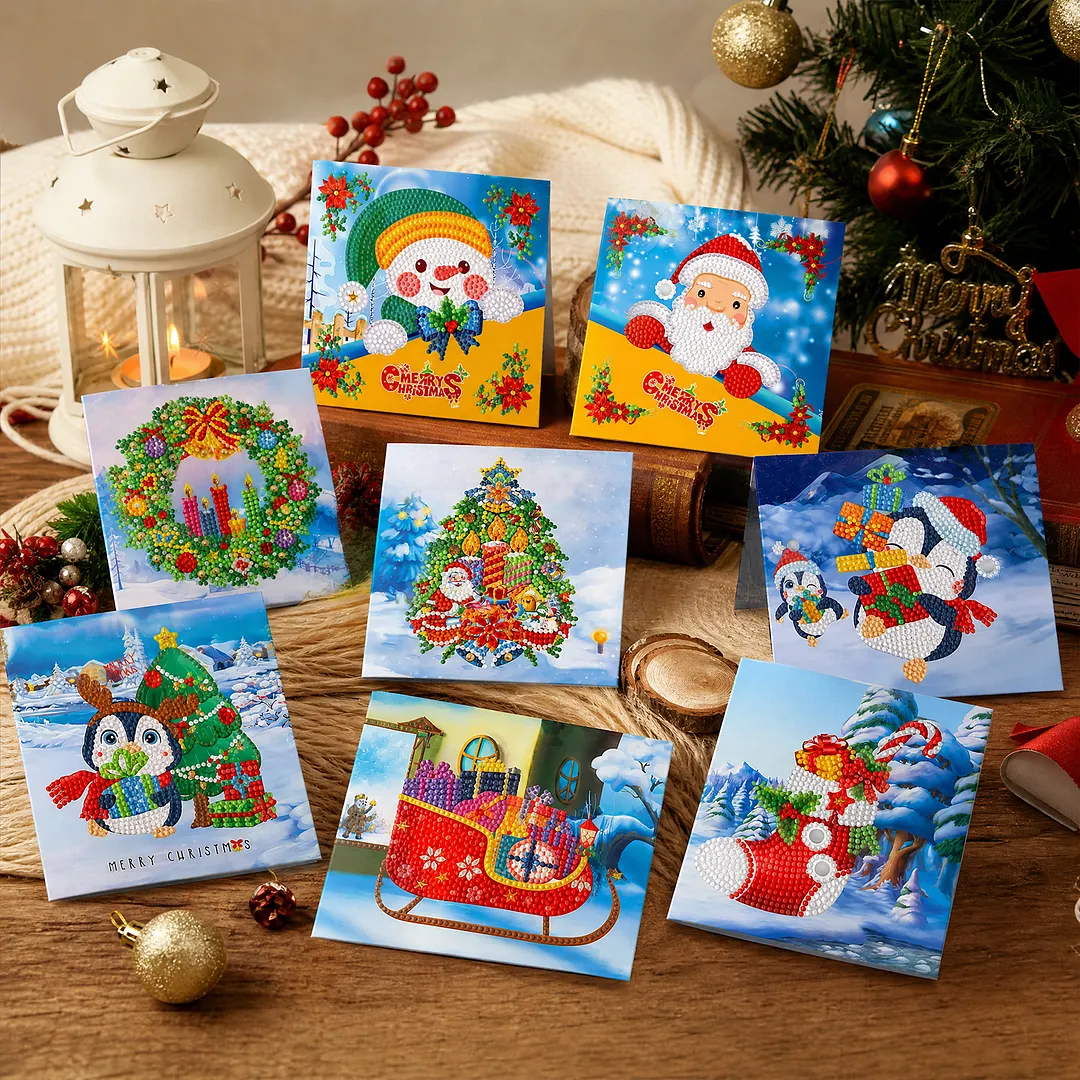 8PCS Winter Cartoon DIY Diamond Painting Greeting Card Kits with Envelopes Diamond Art Greeting Cards Diamond Art Cards Kits for Adults DIY Crafts Family Friend Gifts